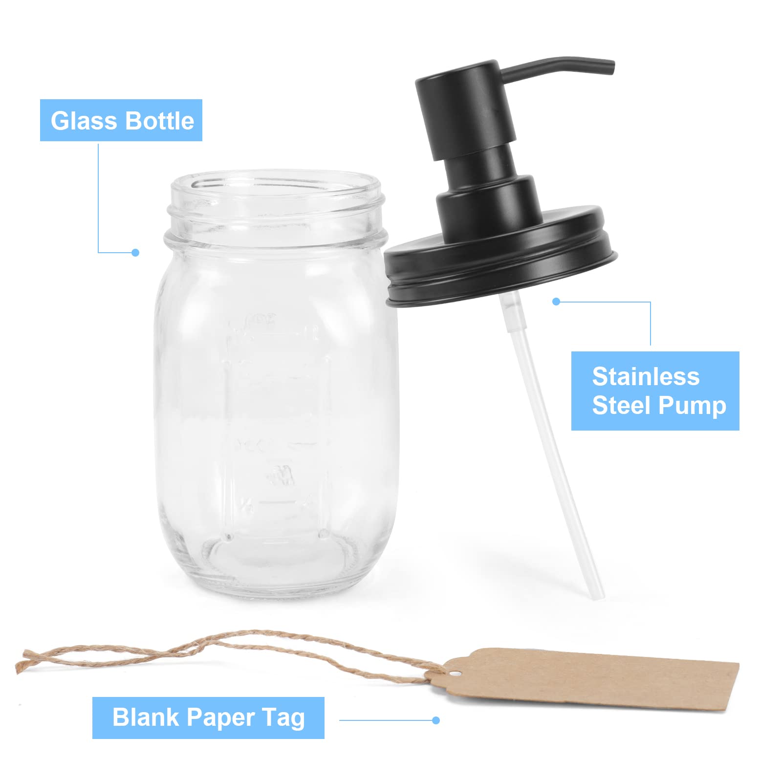 Premium Quality Mason Jar Soap Dispenser - Black 16 Ounce - Made From Rust Proof Stainless Steel - Dish And Hand Soap Dispenser